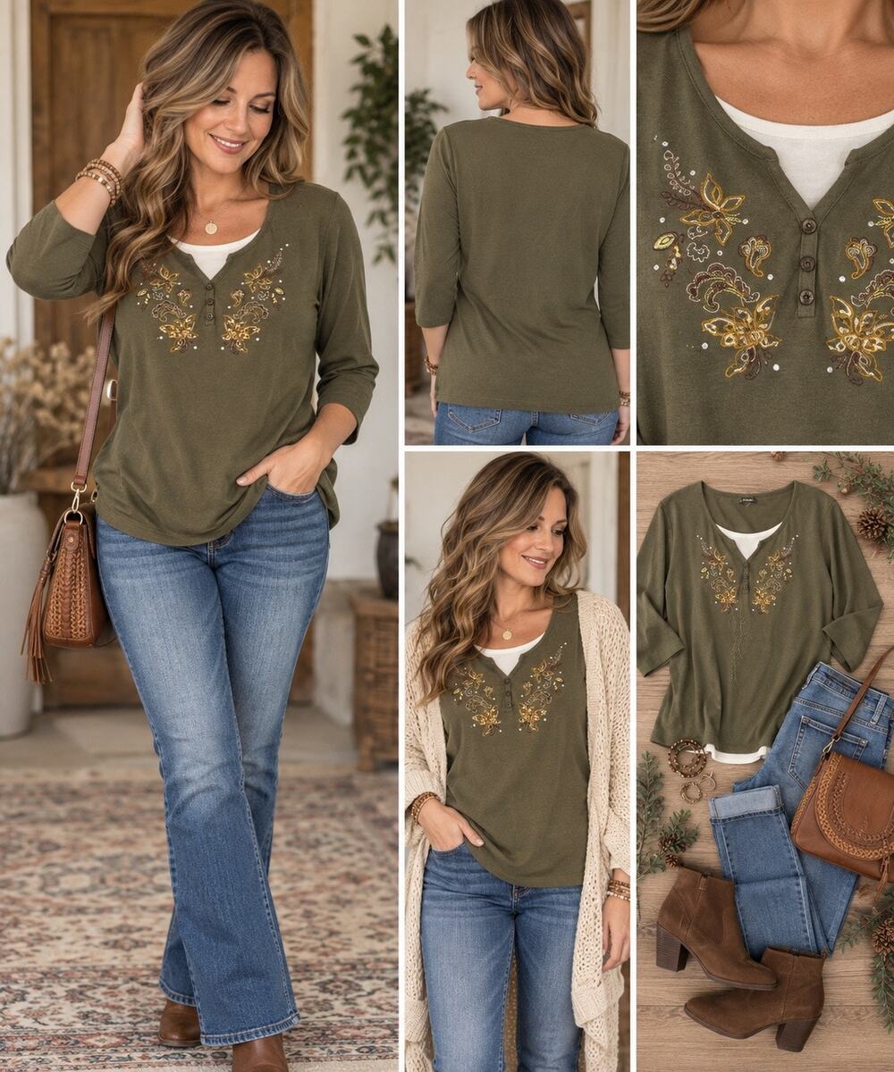 Basic Editions Women’s Large Olive Green Embroidered 2Fer Henley Top Y2K Boho